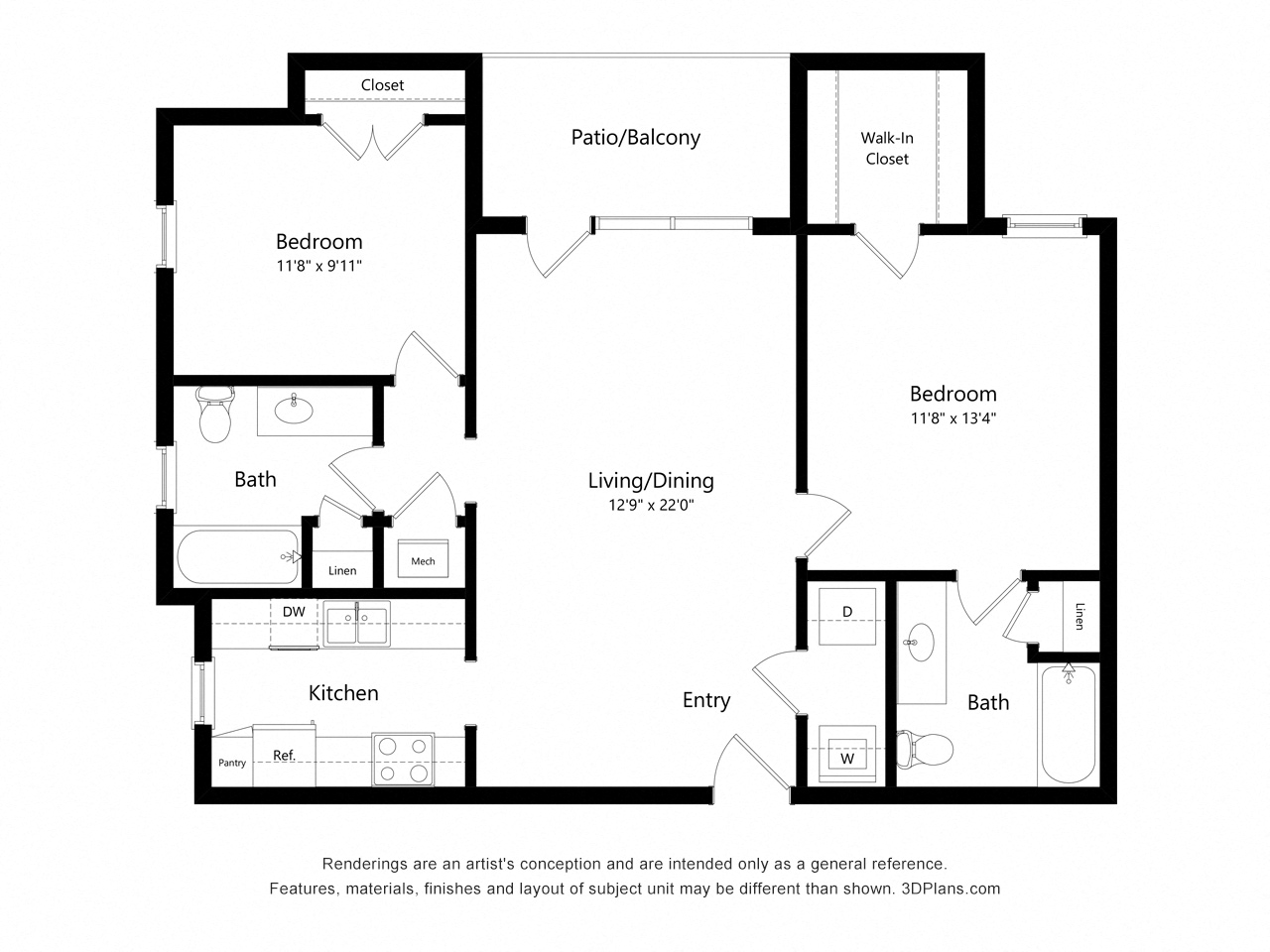 Floor plan for 2 beds, 2 baths, 1091 sqft